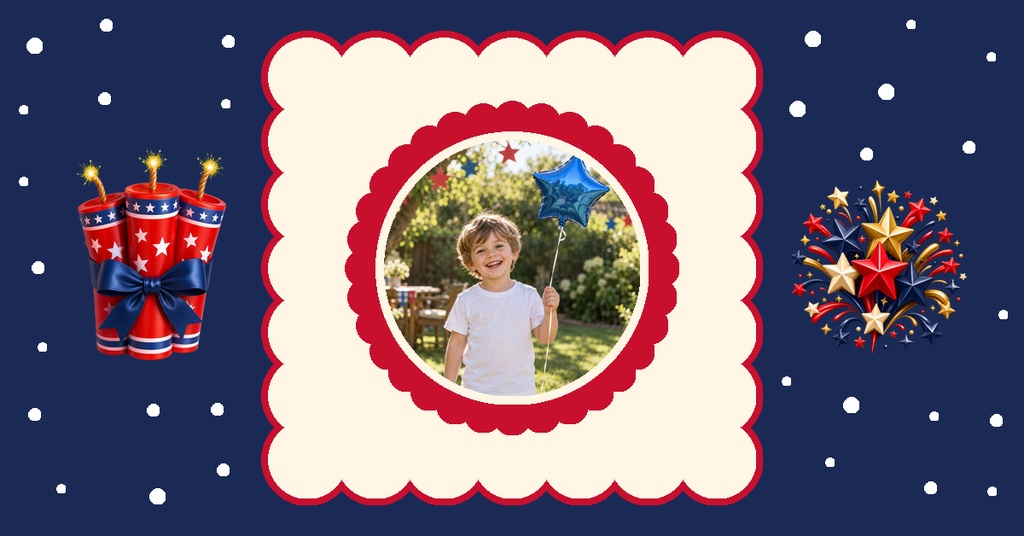 Firecracker-themed birthday template with a child photo frame, stars, and patriotic fireworks on a navy background.