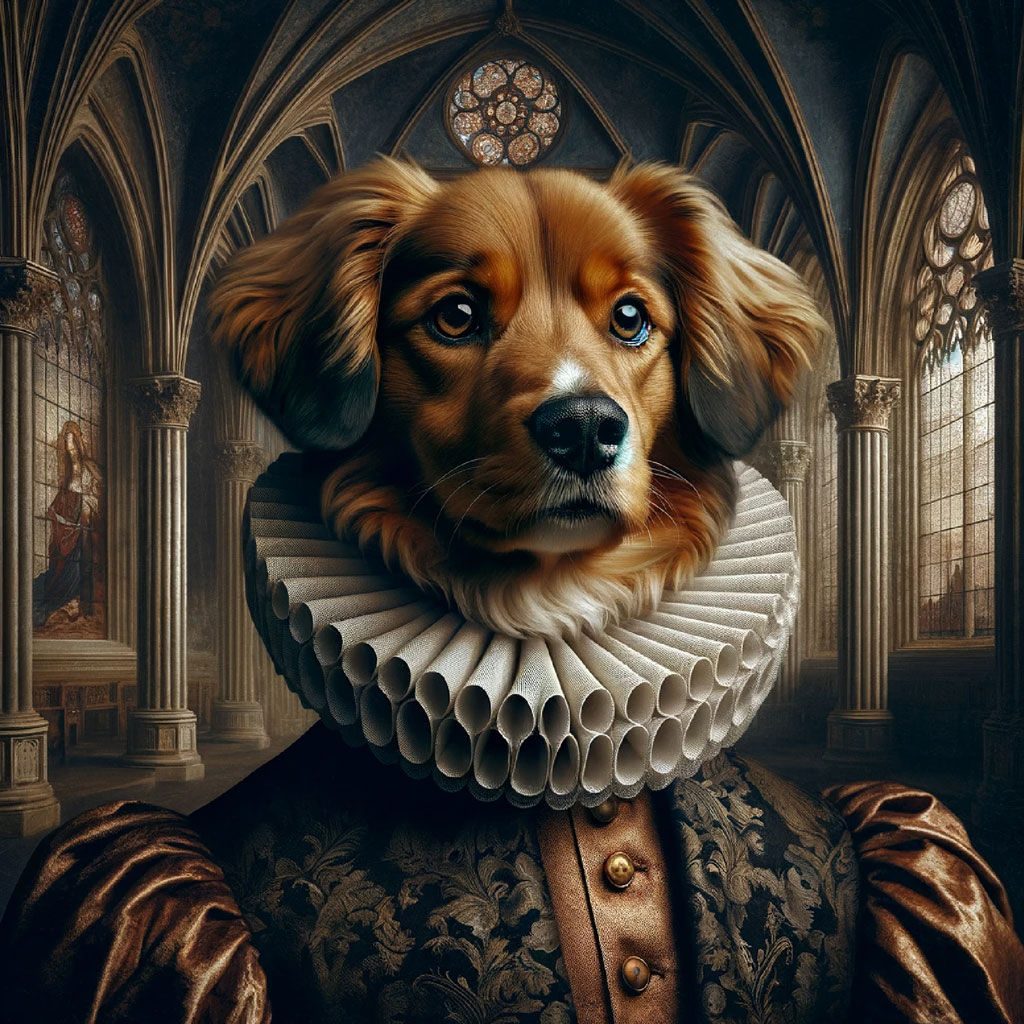 Illustration of a dog wearing a crown and necklace in a gothic setting
