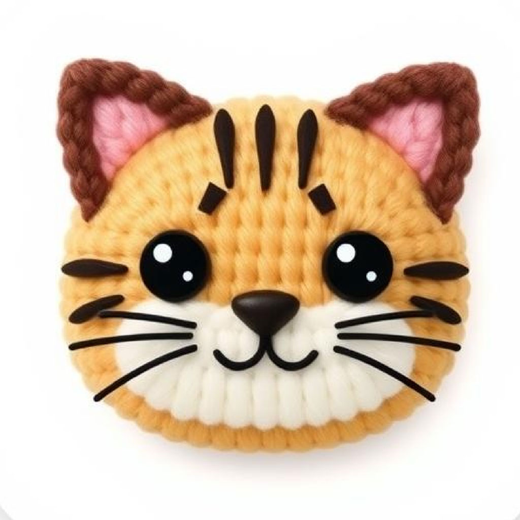 Crochet cat face with orange and white yarn, black details, and brown ears