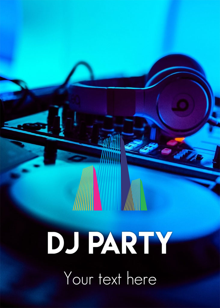 DJ party template with headphones on a DJ controller
