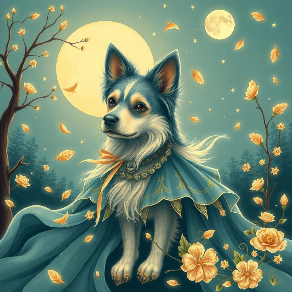 Illustration of a woman with long black hair wearing a teal dress with gold embroidery, standing under a full moon.