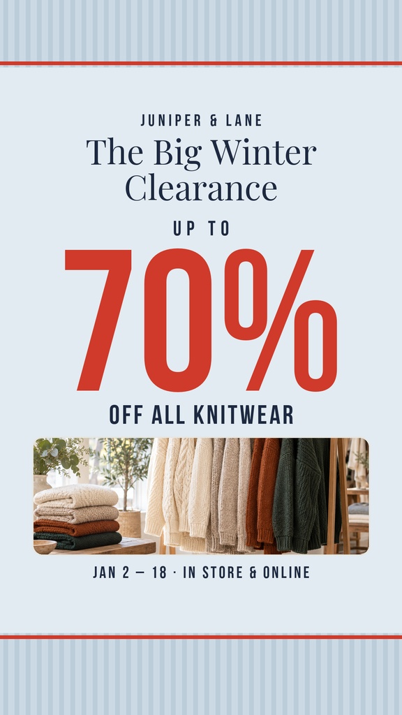 Vertical Instagram story template for a winter clearance sale featuring 70% off knitwear and a product photo.