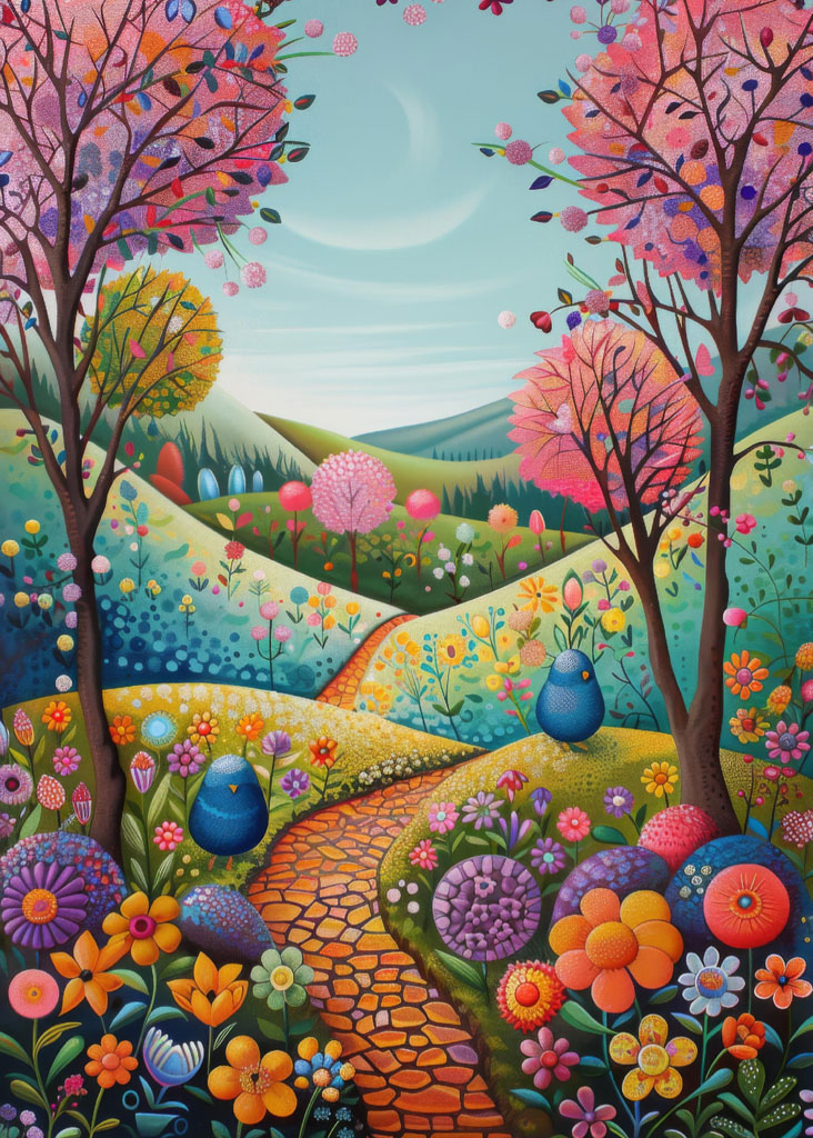 A vibrant garden landscape with a winding path and colorful flowers