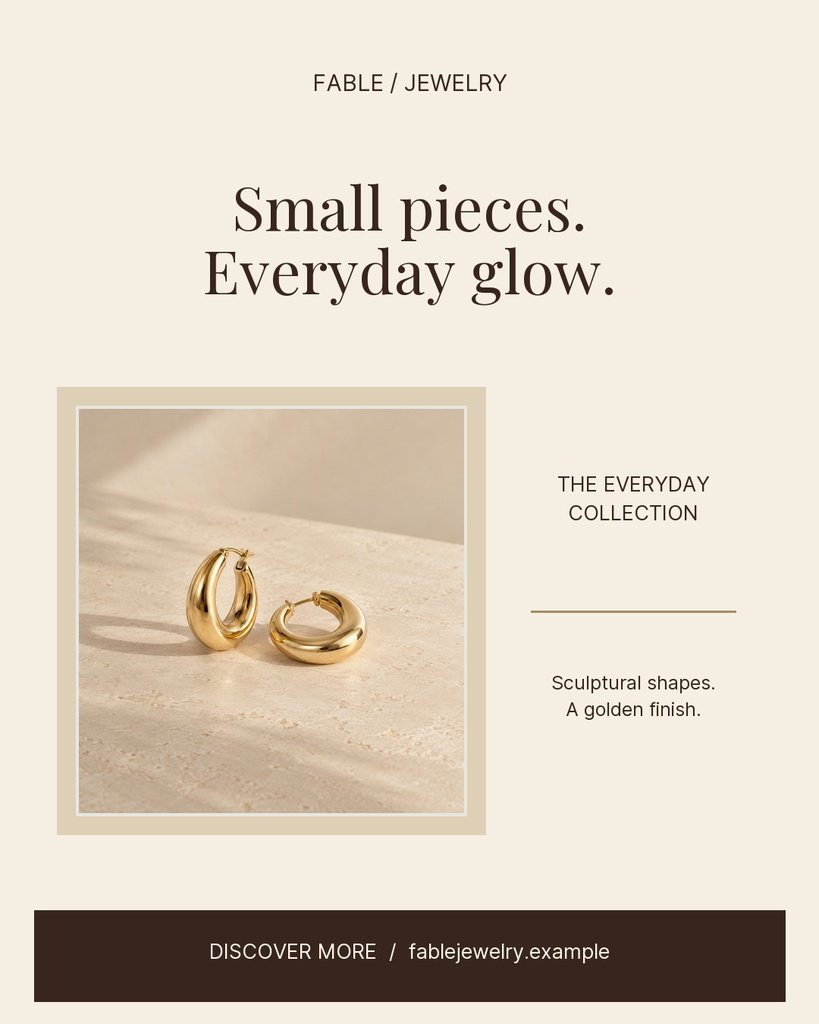 Portrait jewelry promotion template with gold earrings, headline text, and a beige minimalist layout.