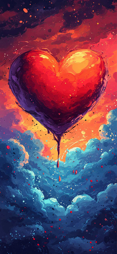 A red heart-shaped balloon with blood dripping from it, floating above blue clouds against a colorful sky.