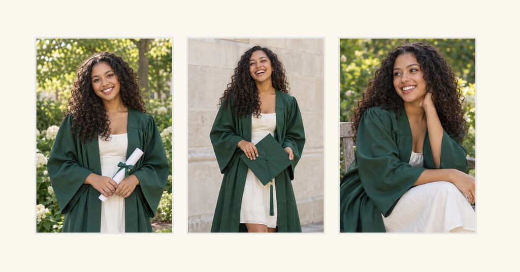 Three senior portrait photos arranged in a graduation collage on a light background.