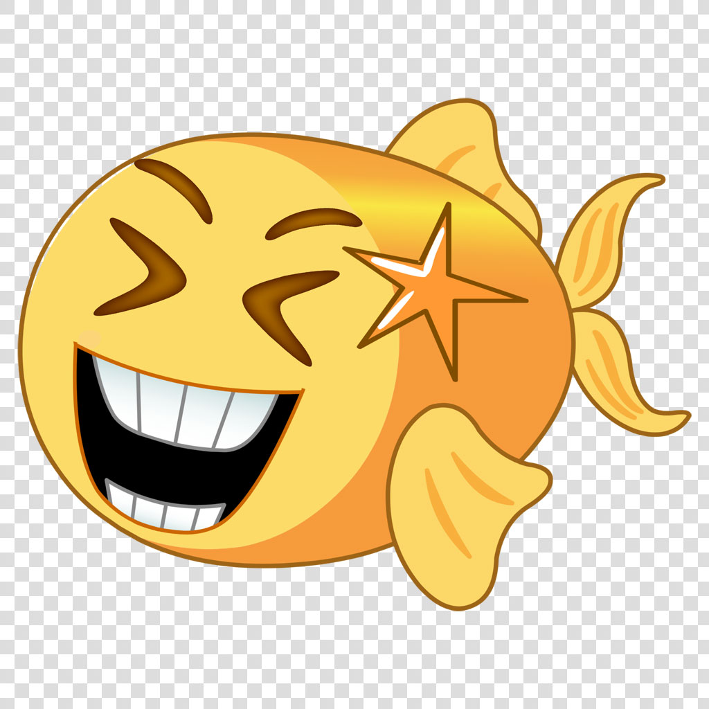 A yellow cartoon fish with a big smile and a star on its cheek.