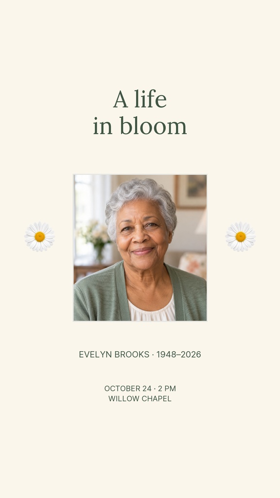 Memorial story template with portrait photo, floral accents, and the title A life in bloom.