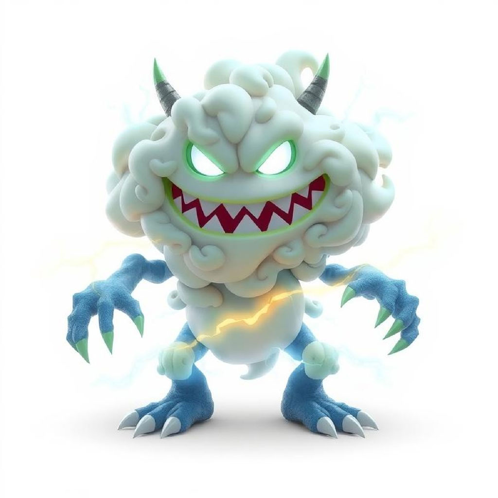 3D illustration of a white, fluffy creature with blue legs and sharp claws