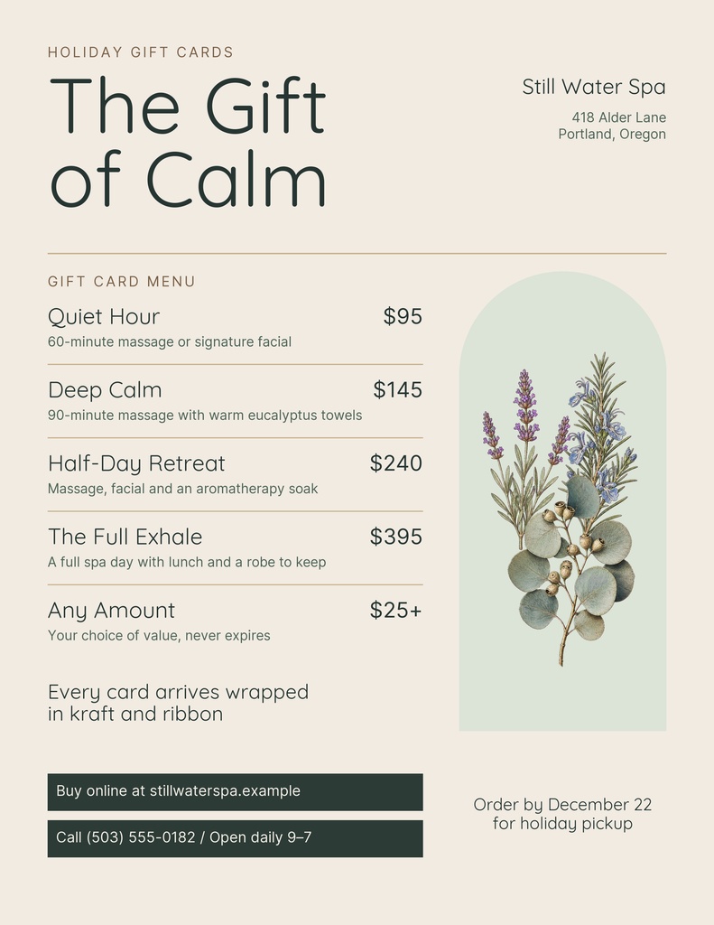 Portrait spa gift card menu with services, prices, and a botanical illustration on a soft background.