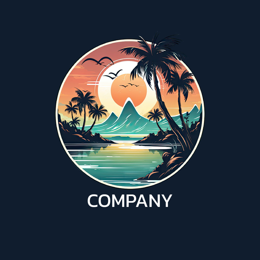 Tropical paradise logo with mountain and palm trees at sunset