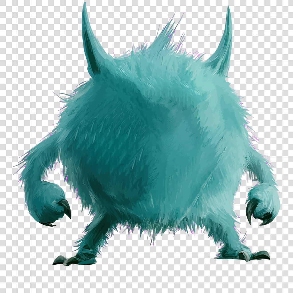 Teal furry monster with horns and sharp claws