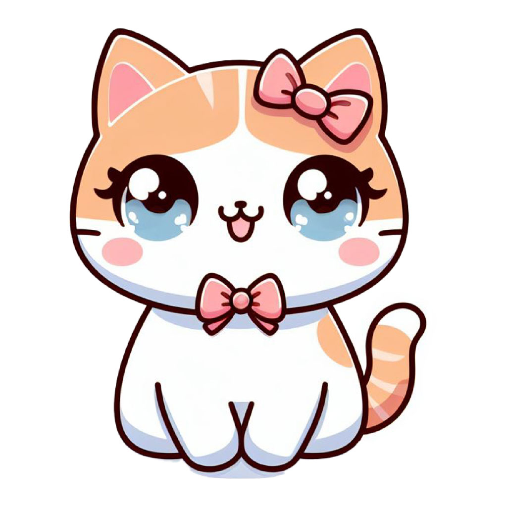 A cute cartoon cat with tears in its eyes and pink bows