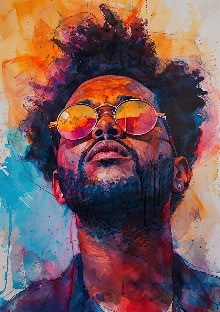 A man with sunglasses and an afro, depicted in a vibrant and abstract art style