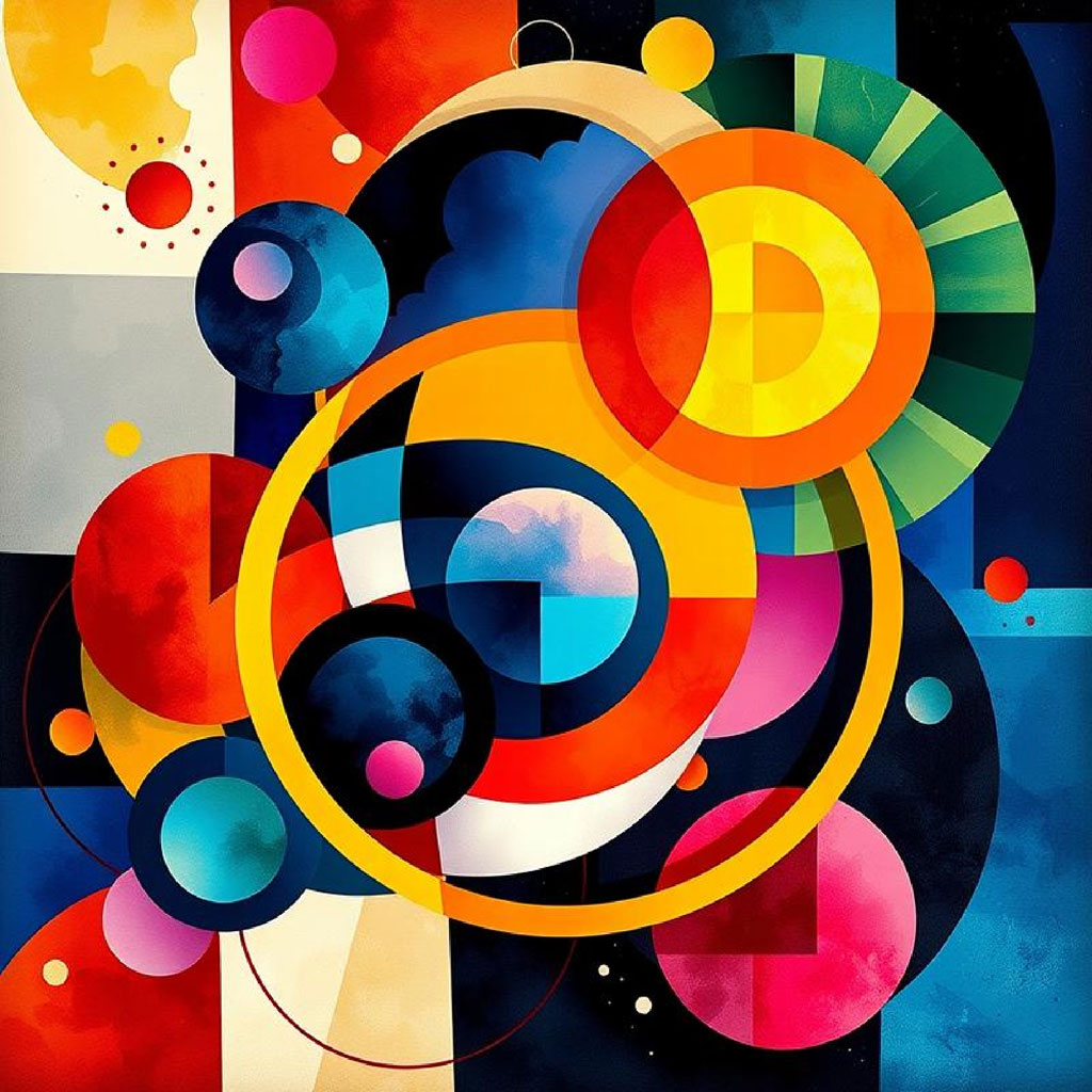 A vibrant abstract art composition with layered circles and geometric shapes in various colors.