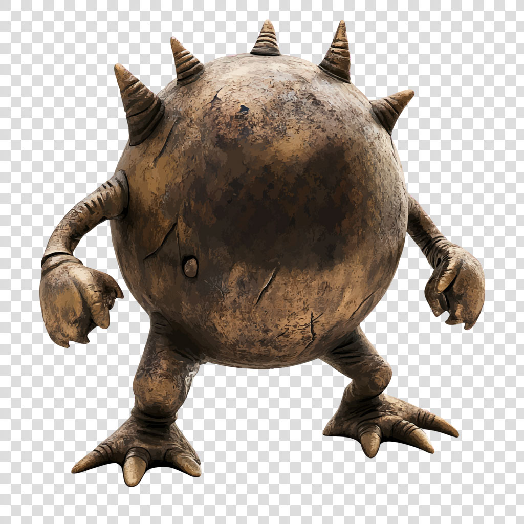 A bronze statue of a round monster with spikes on its back and claws.