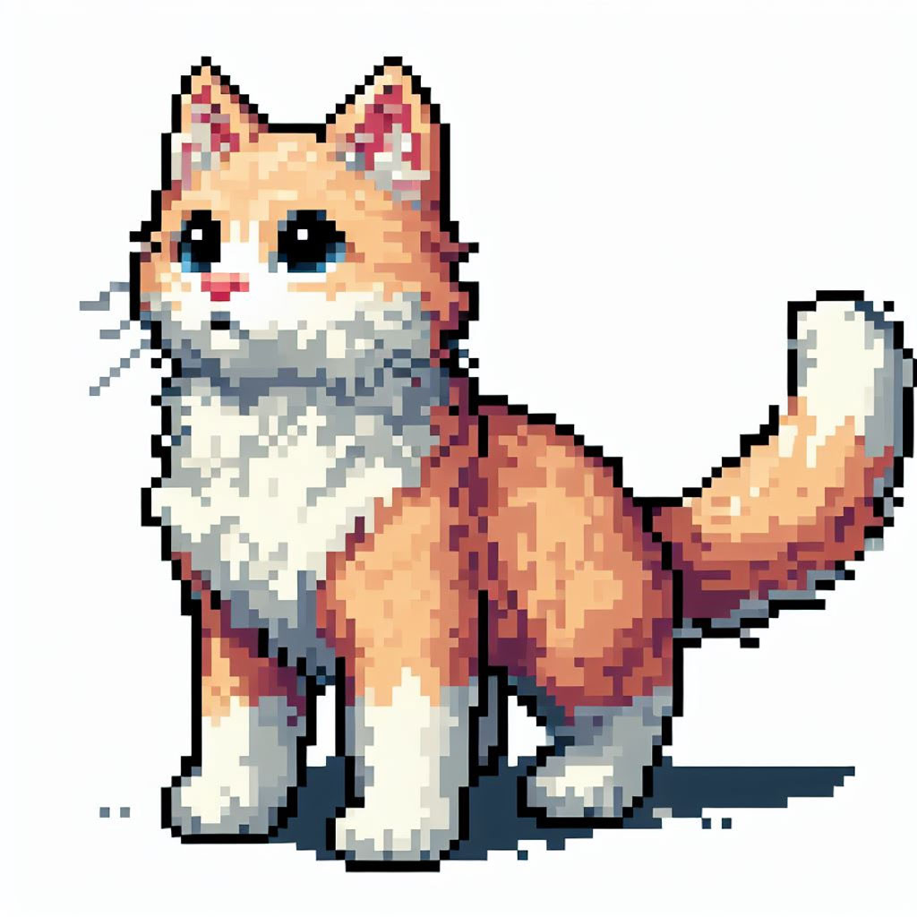 Pixelated cat with yellow eyes and gray and white fur