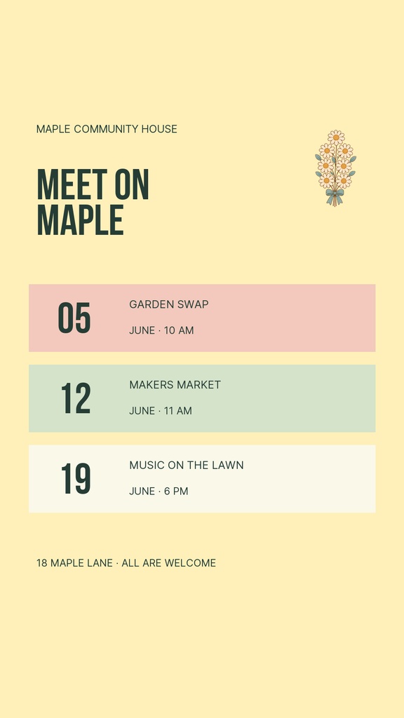 Portrait event schedule template with Meet on Maple title and three dated community activities.