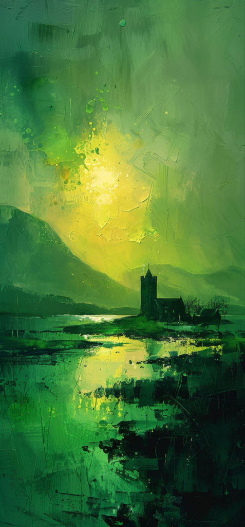 Abstract landscape painting with a tower and yellow sky