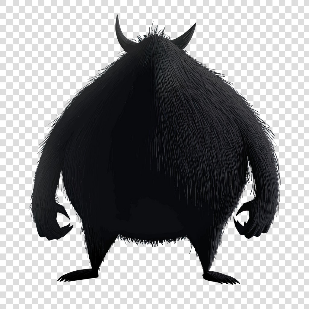 Illustration of a large, black, furry creature with horns and claws
