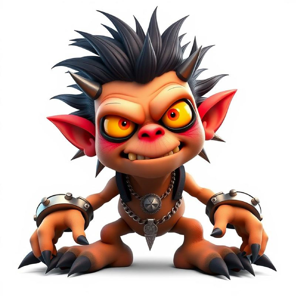 A cartoon goblin with orange eyes and black spiky hair.
