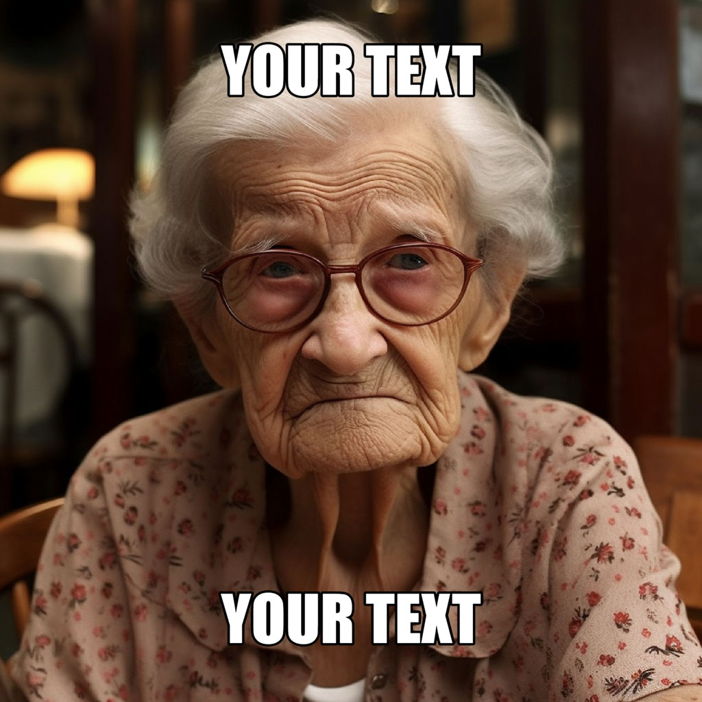 An elderly woman with short white hair and glasses looking stern, with a floral top and a blurred background.