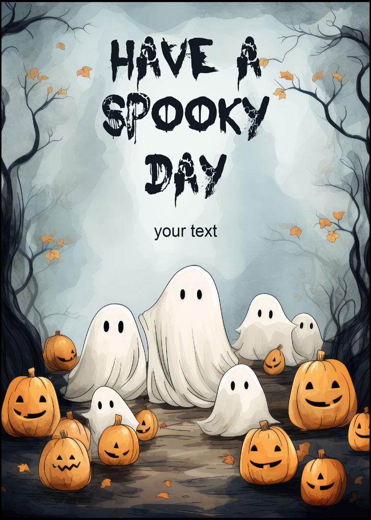 Cartoon ghosts and jack-o'-lanterns in a misty forest with the text 'Have a Spooky Day'