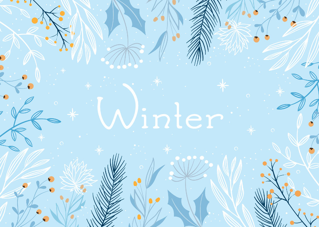 Winter floral pattern background with leaves and berries