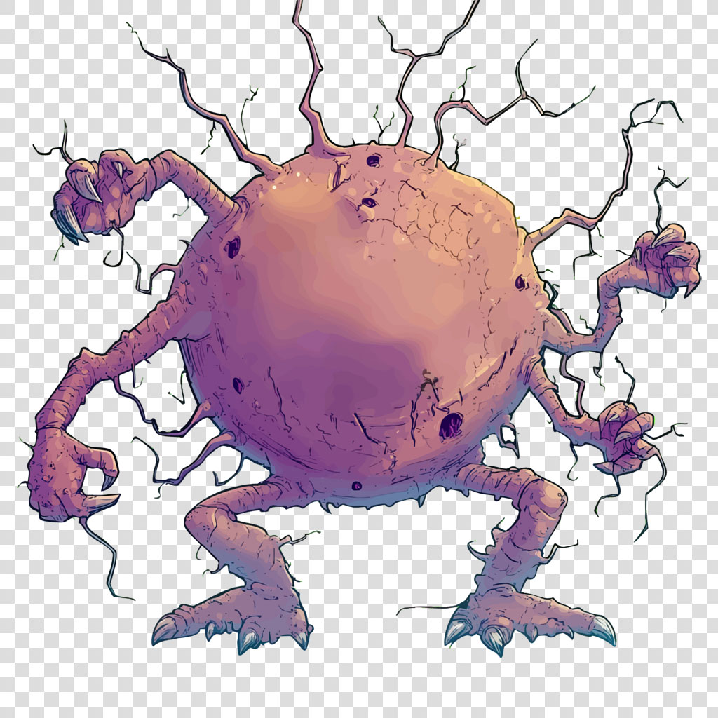 Illustration of a purple creature with multiple limbs and a large, round body.