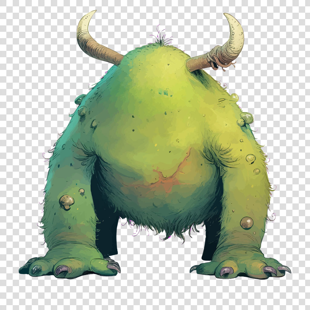 A green, furry monster with horns and sharp claws.