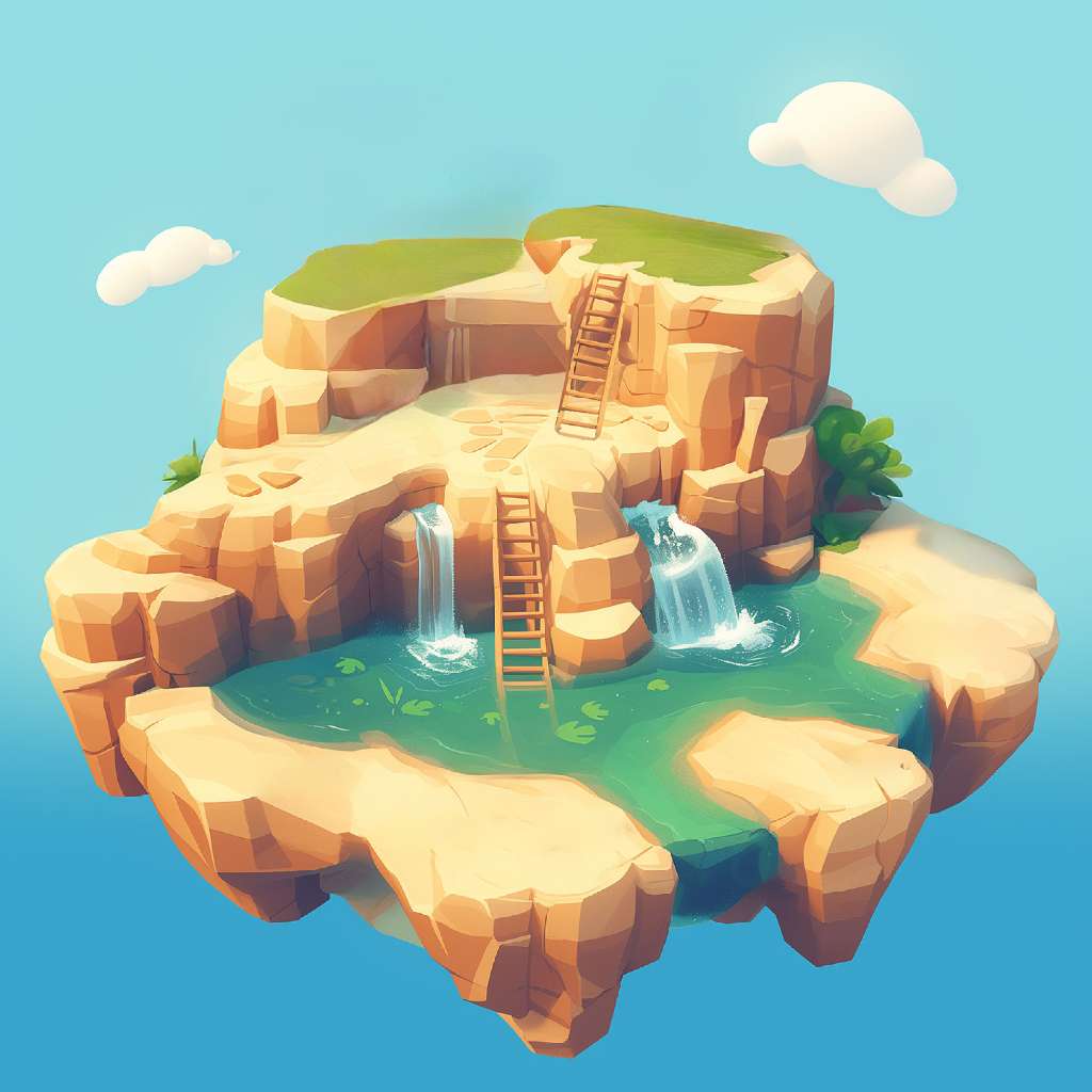 A cartoon-style illustration of a floating island with two waterfalls and ladders.