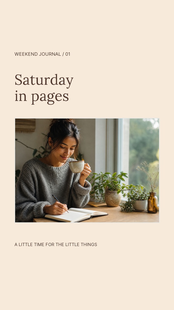 Minimal beige story template with the title Saturday in Pages and a woman writing beside a window.