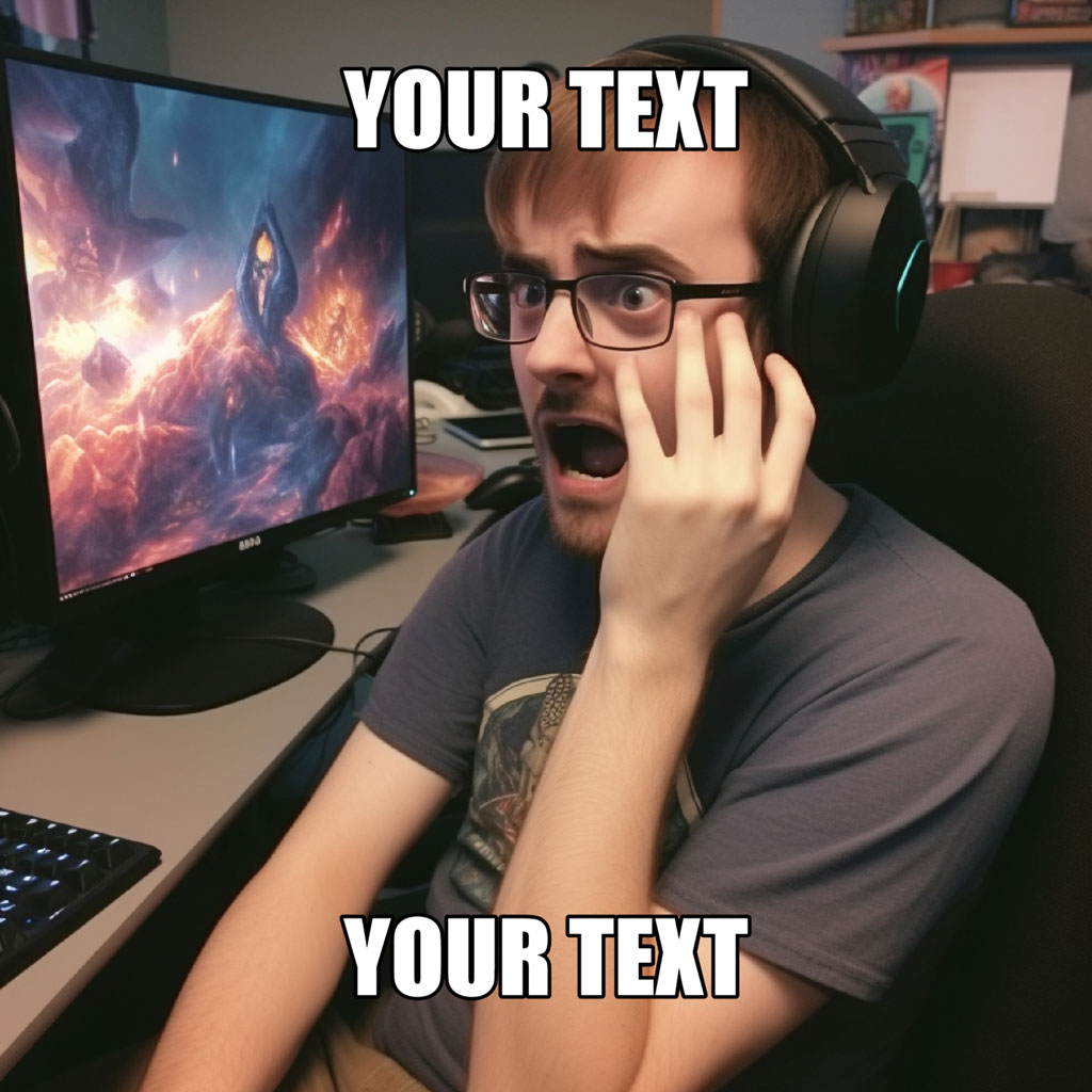 Man wearing headphones reacts in shock while gaming on a computer