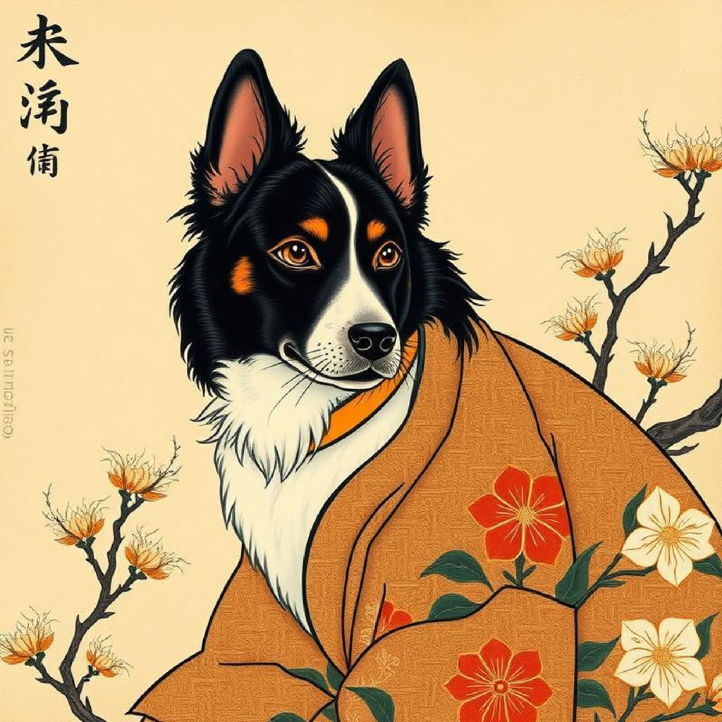 Geisha in blue and orange kimono with a bird on a flowering branch