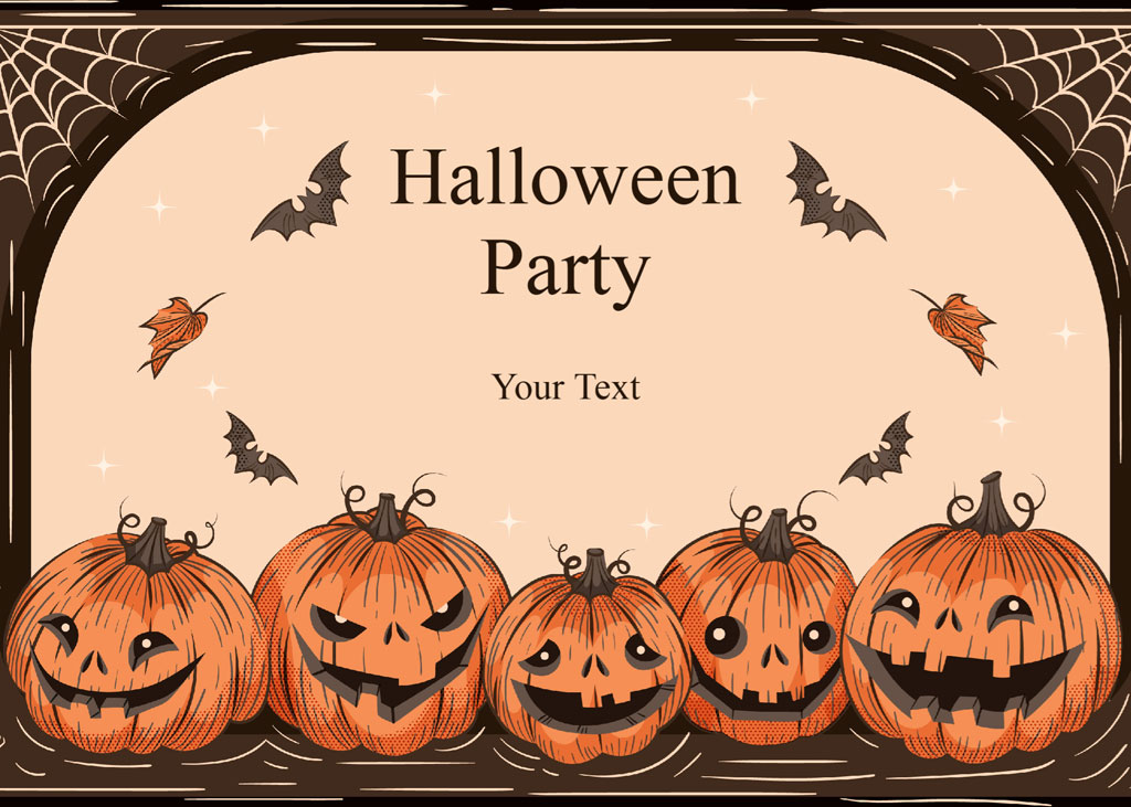 Halloween party invitation with carved pumpkins and bats