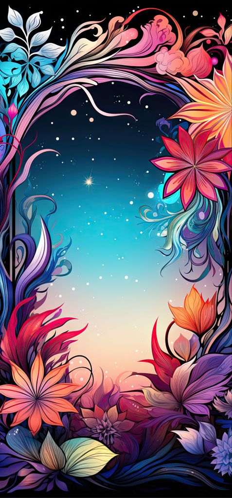 A vibrant illustration of flowers and leaves framing a gradient night sky with stars.