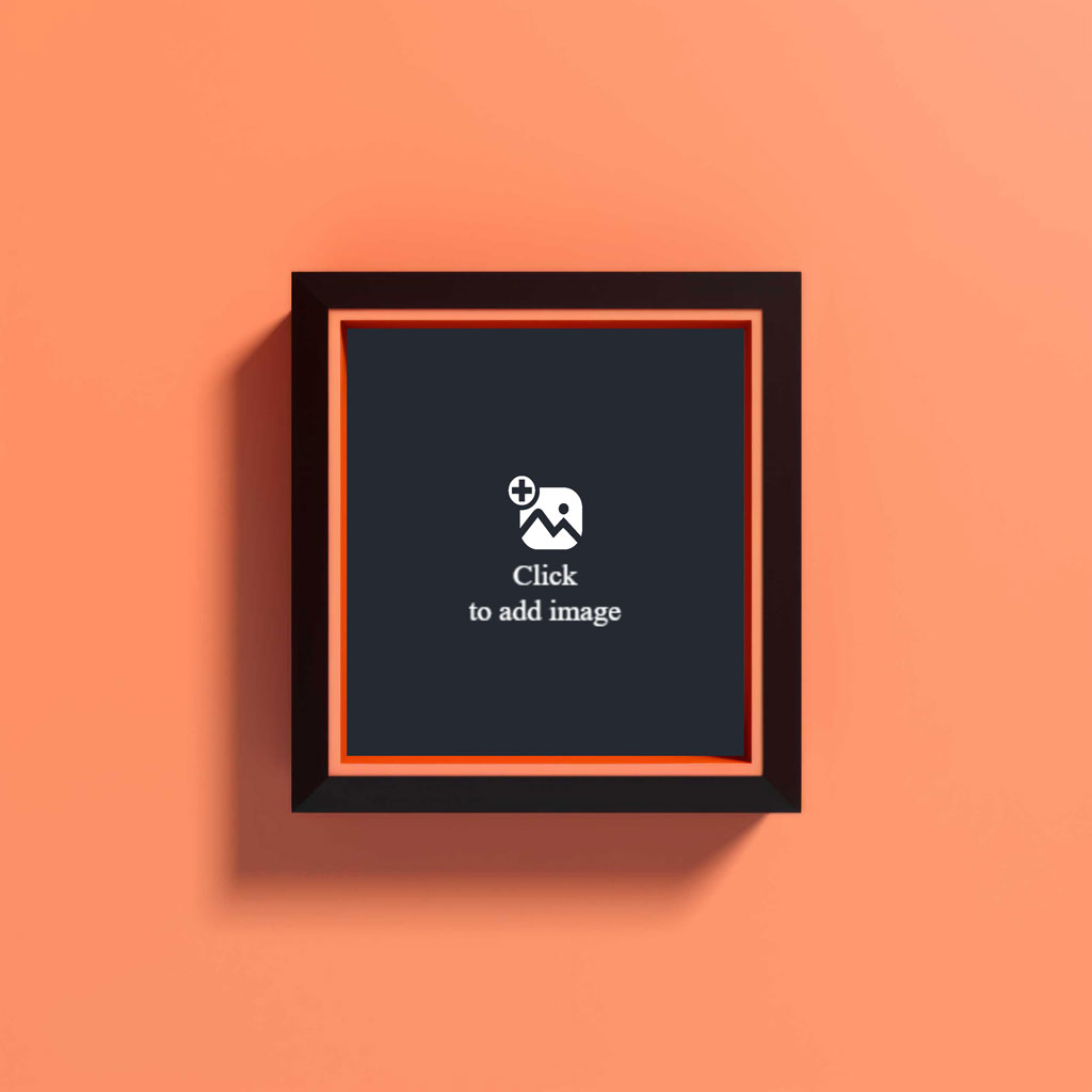 A black square frame with an orange outline on a peach wall