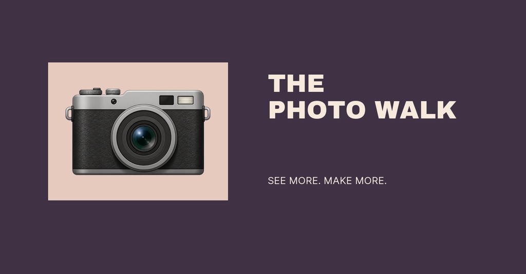 Minimal group cover with a camera graphic and the text The Photo Walk on a dark background.