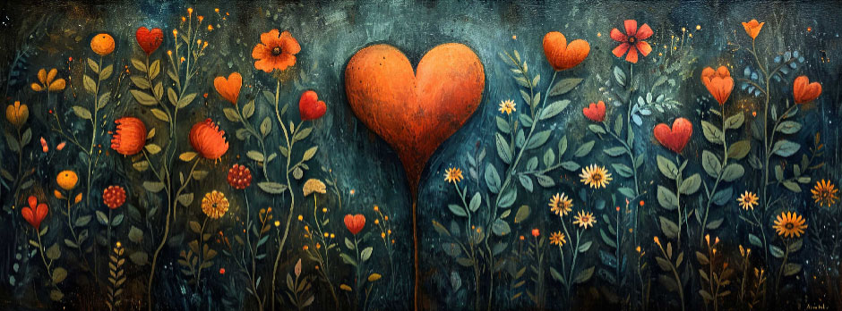 An orange heart in a field of flowers