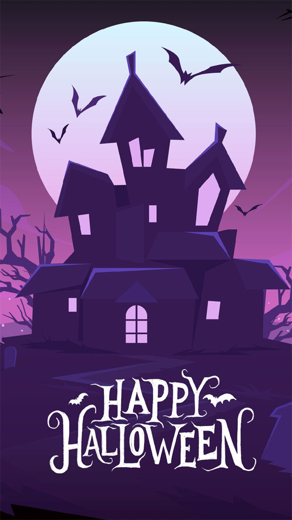 A spooky haunted house with bats flying around the full moon on a Halloween night.