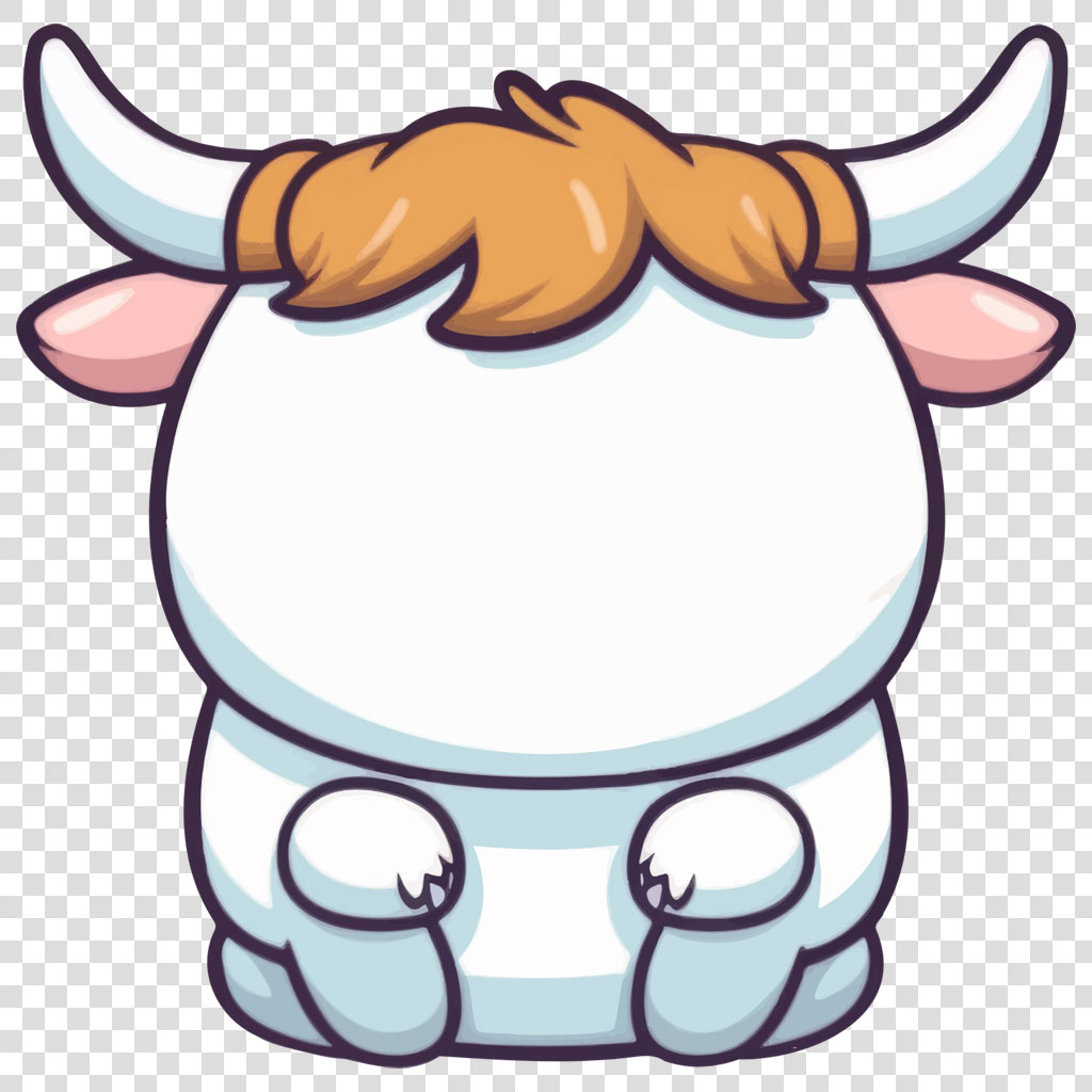 Cartoon cow rear view with white and blue fur, brown hair, and horns