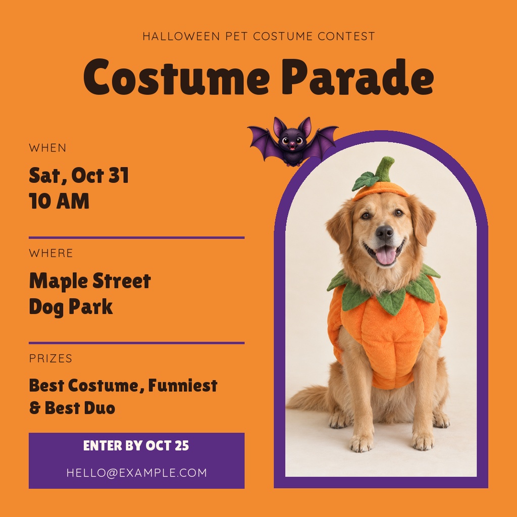 Square Halloween pet contest poster with a dog in a pumpkin costume and event details on orange background