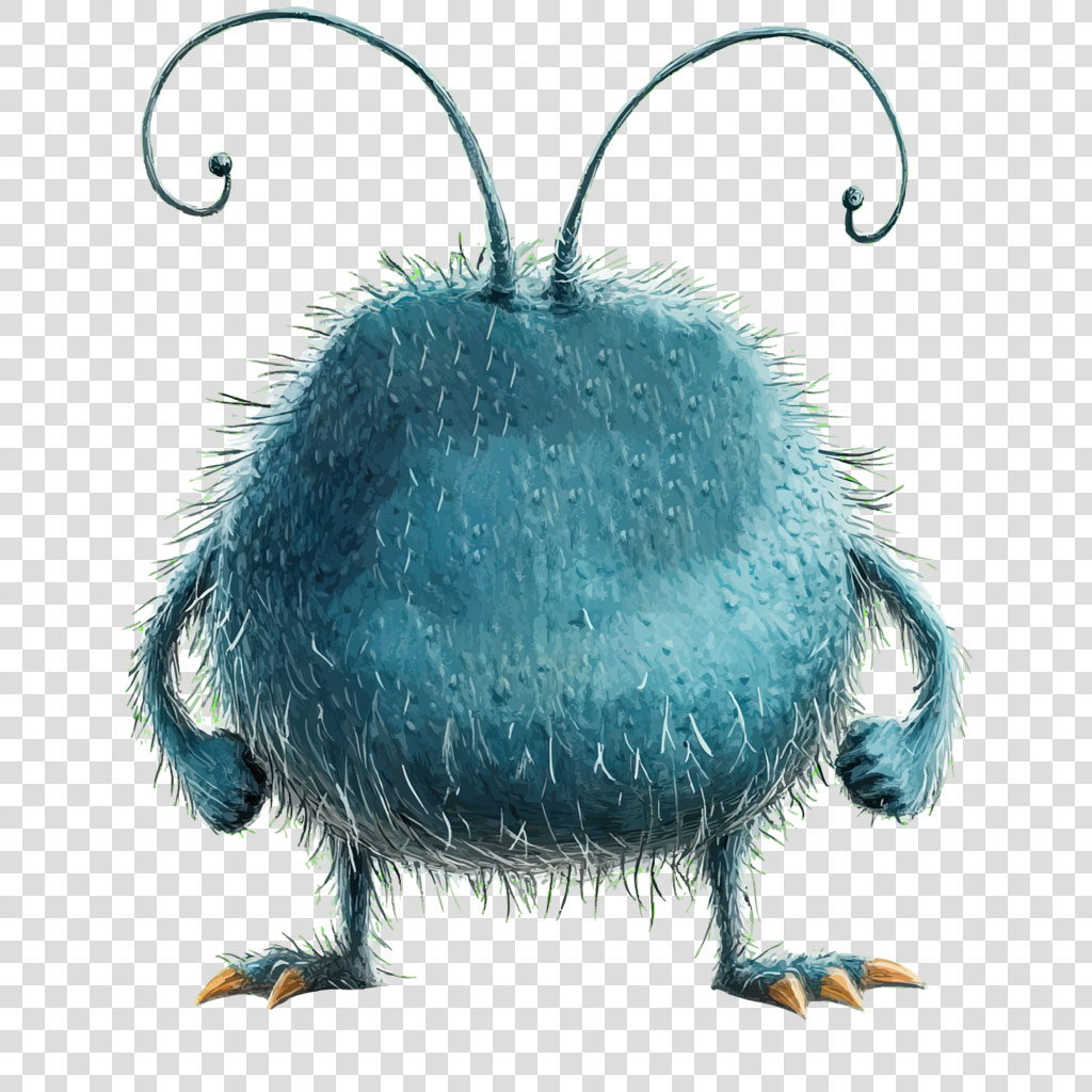 A blue, fuzzy monster with curved antennae and sharp claws.