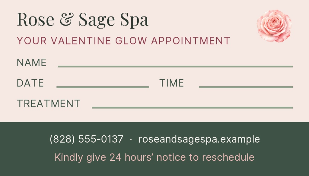 Preview for The Valentine Glow Menu Appointment Card Template