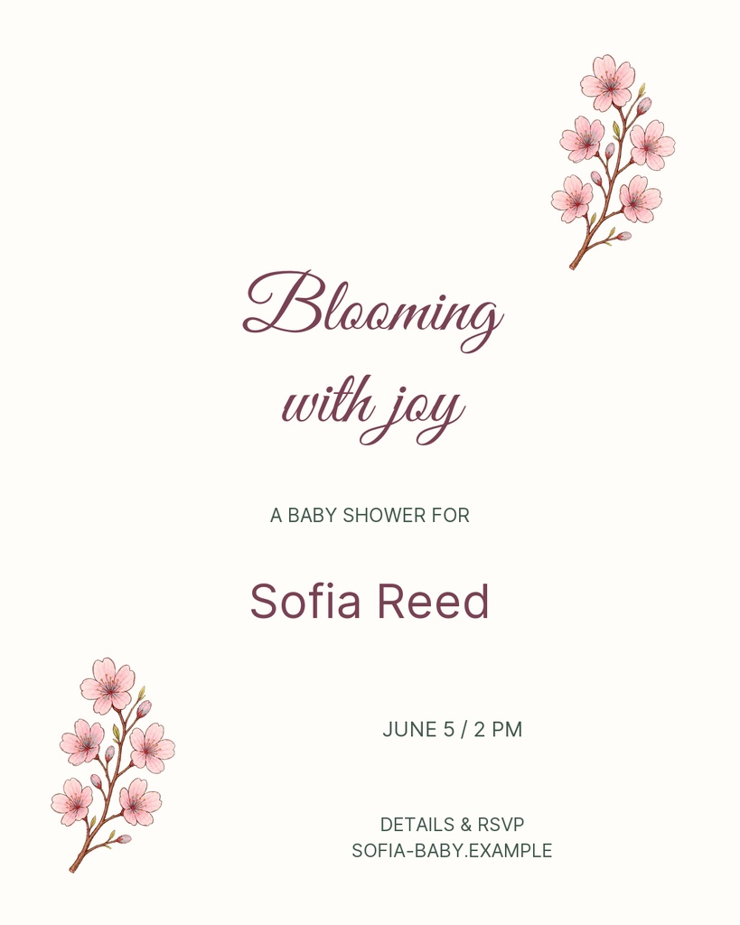 Pink cherry blossom baby shower invitation with the words Blooming with Joy and Sofia Reed.