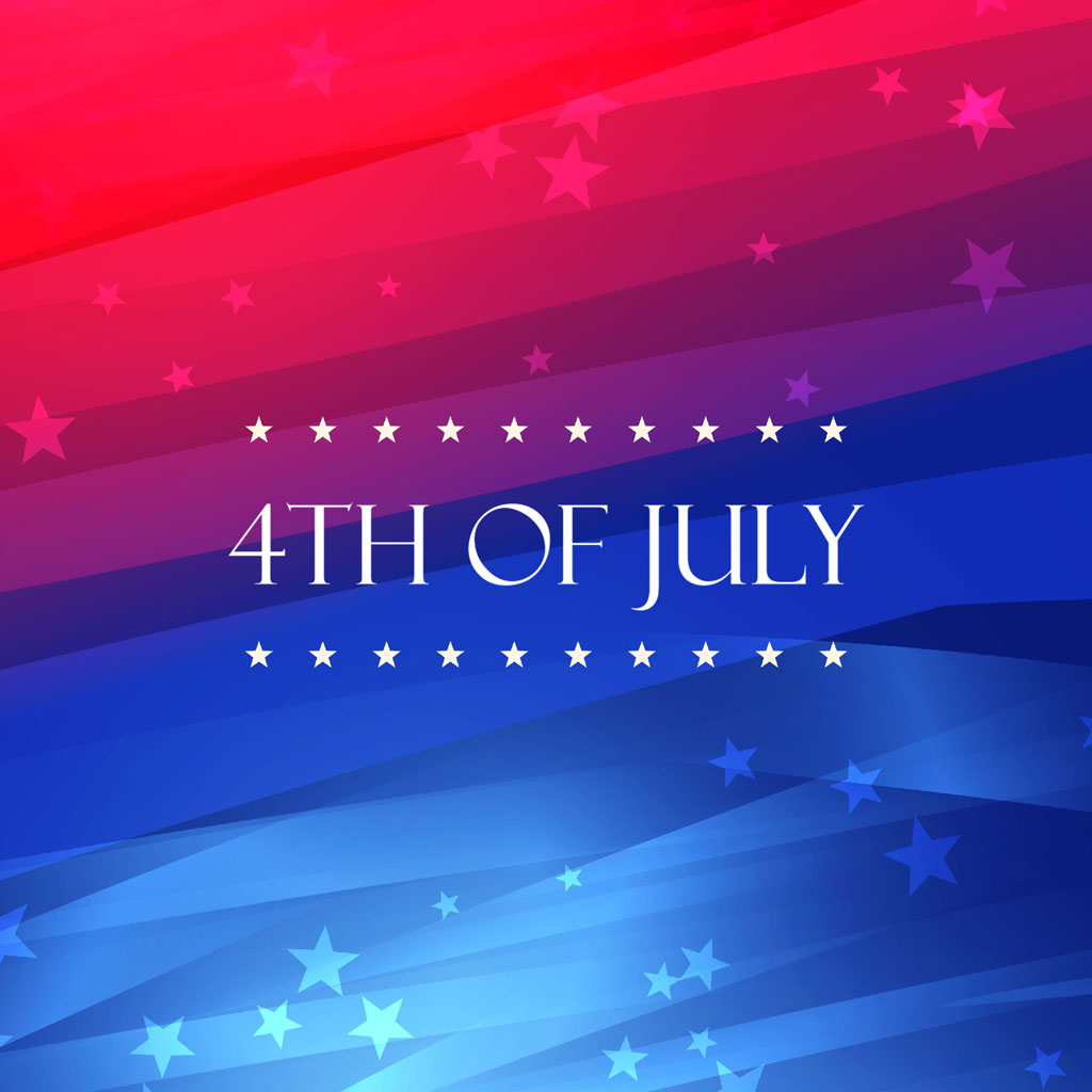 4th of July graphic with red, white, and blue stripes and stars