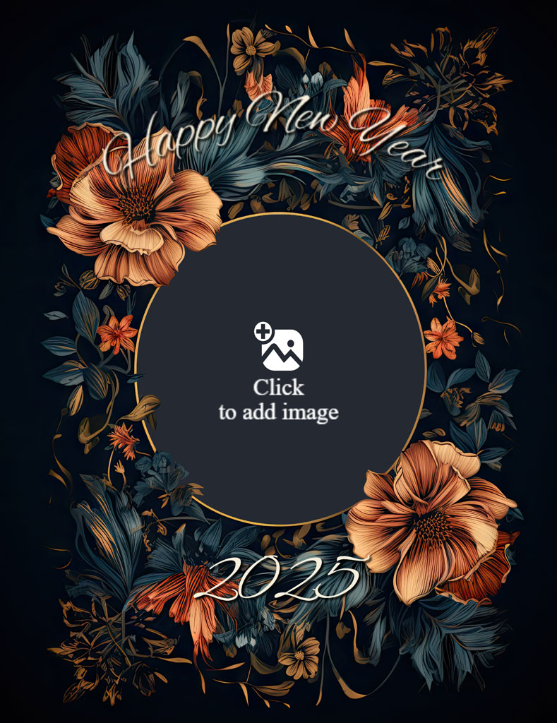 Happy New Year 2025 greeting card with floral wreath and gold circle