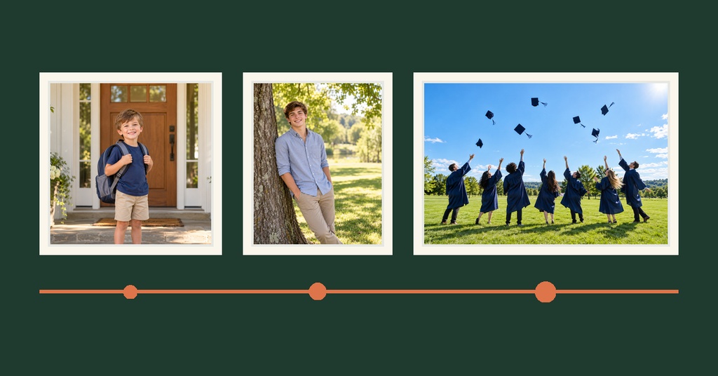 Three photo collage on a dark green background showing a child, teen portrait, and graduates tossing caps.