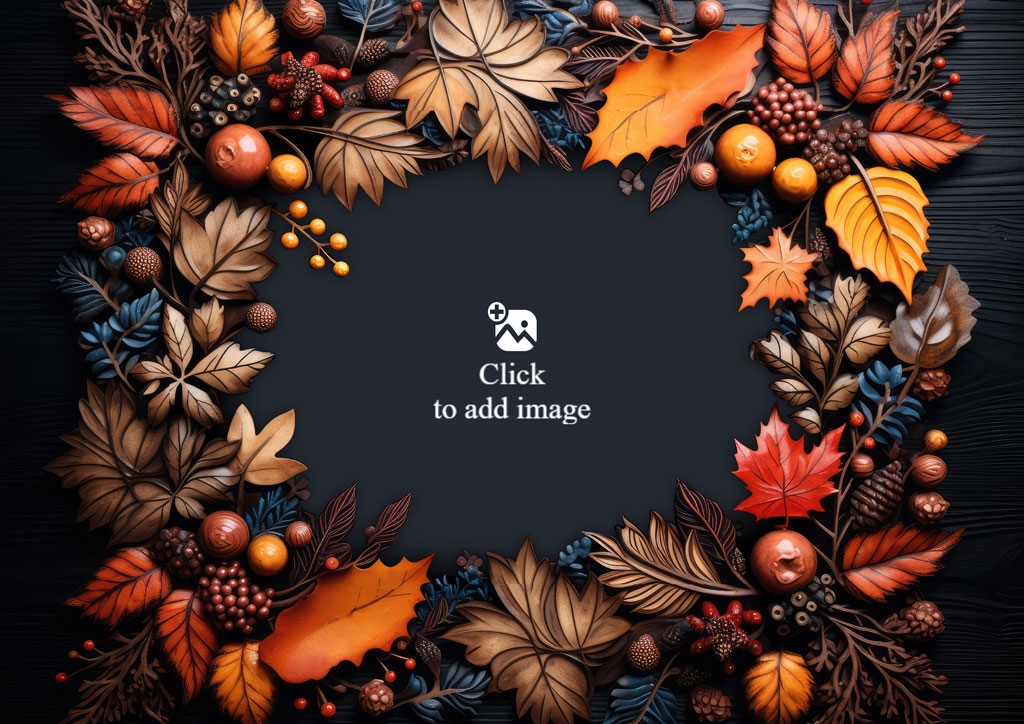 A circular arrangement of autumn leaves, fruits, and branches on a dark background