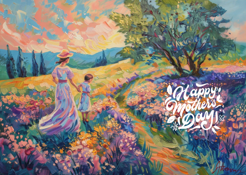 Mother and child walking through a colorful field of flowers